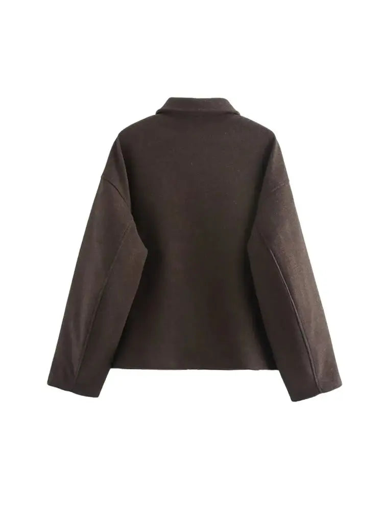 TRZA Women's Oversized Woolen Jacket Coat Long Sleeve Front Zipper Chic Outerwear with Pockets Fashion Top