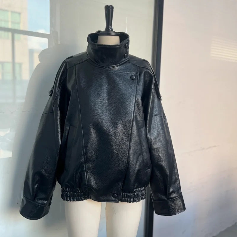 Street PU Leather Loose Jacket Women Fashion Solid Full Sleeve Stand Collar Single Breasted Coats Female 2025 Autumn Lady Coat