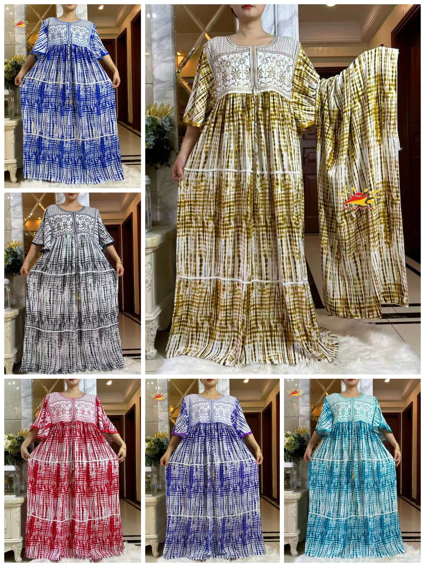 2025 New Muslim Abaya Summer Dress Short Sleeve Collect Waist Floral Loose Boubou Maxi Islam Women Dress African Abaya Clothing