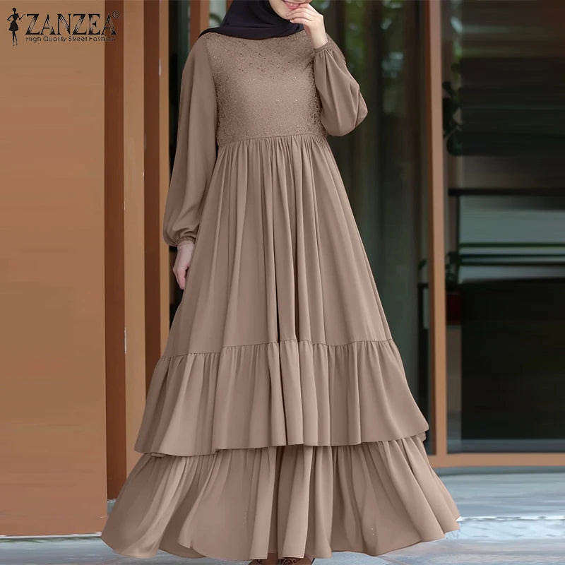 ZANZEA Elegant Women Autumn Long Sleeve Muslim Abaya Hijab Sundress IsIamic Robe Femme Maxi Long Dresses Patchwork Vestidos 2024