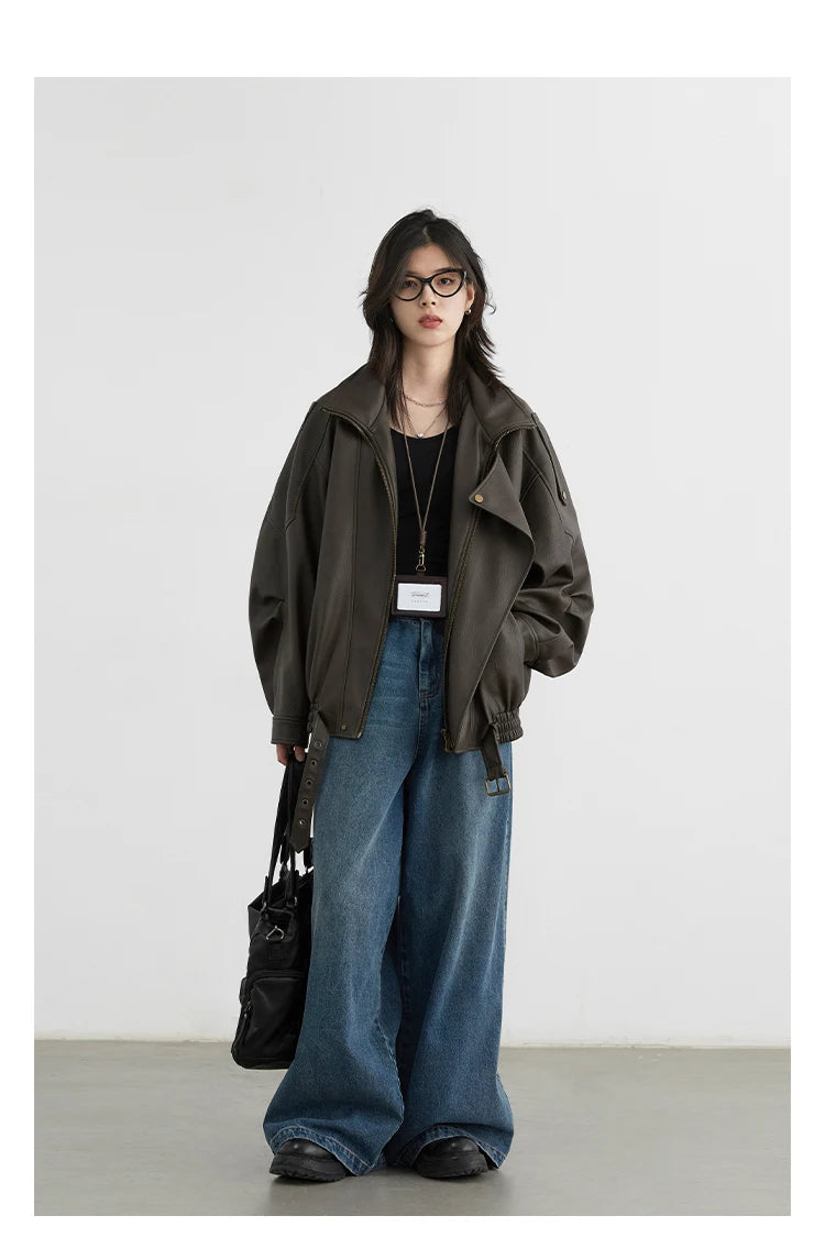 CHIC VEN Female PU Jacket Solid Loose New Retro Standing Collar Motorcycle Faux Leather Coat Female Top Spring Autumn 2024