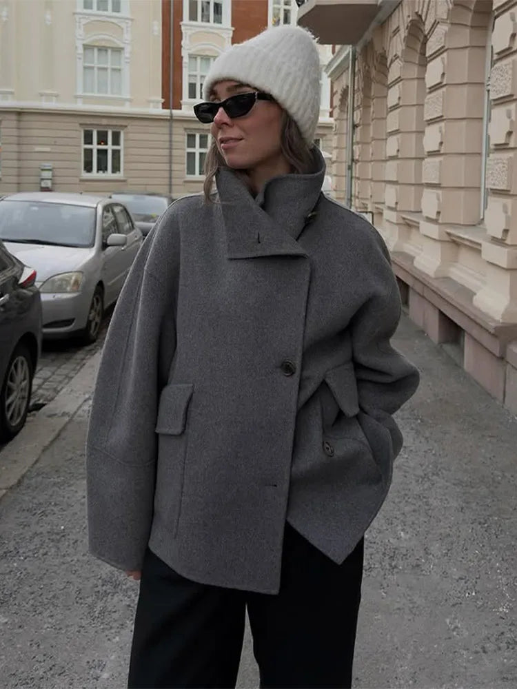 2025 Autumn Winter Stand Collar Coat Women Big Pockets Wool Blend Long Sleeve Single-breasted Thick Jacket Female Lady Outwears