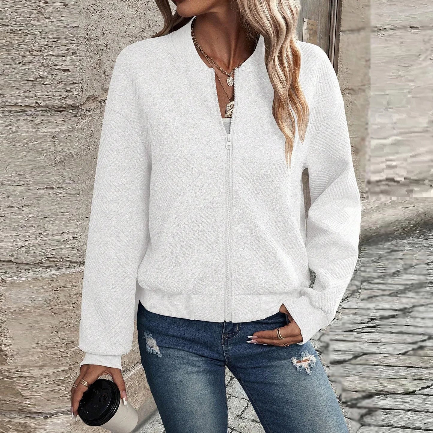 Women's autumn and winter new solid color simple and exquisite zipper jacket baseball collar casual jacket