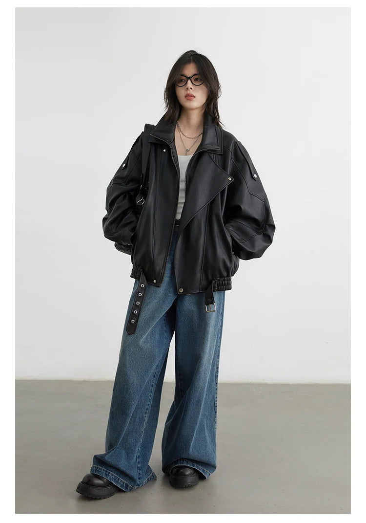 CHIC VEN Female PU Jacket Solid Loose New Retro Standing Collar Motorcycle Faux Leather Coat Female Top Spring Autumn 2024